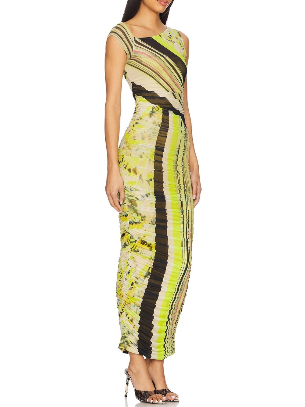 AFRM Biona Ruched Mesh Maxi Dress Wing Stripe Yellow Black NWT Size S